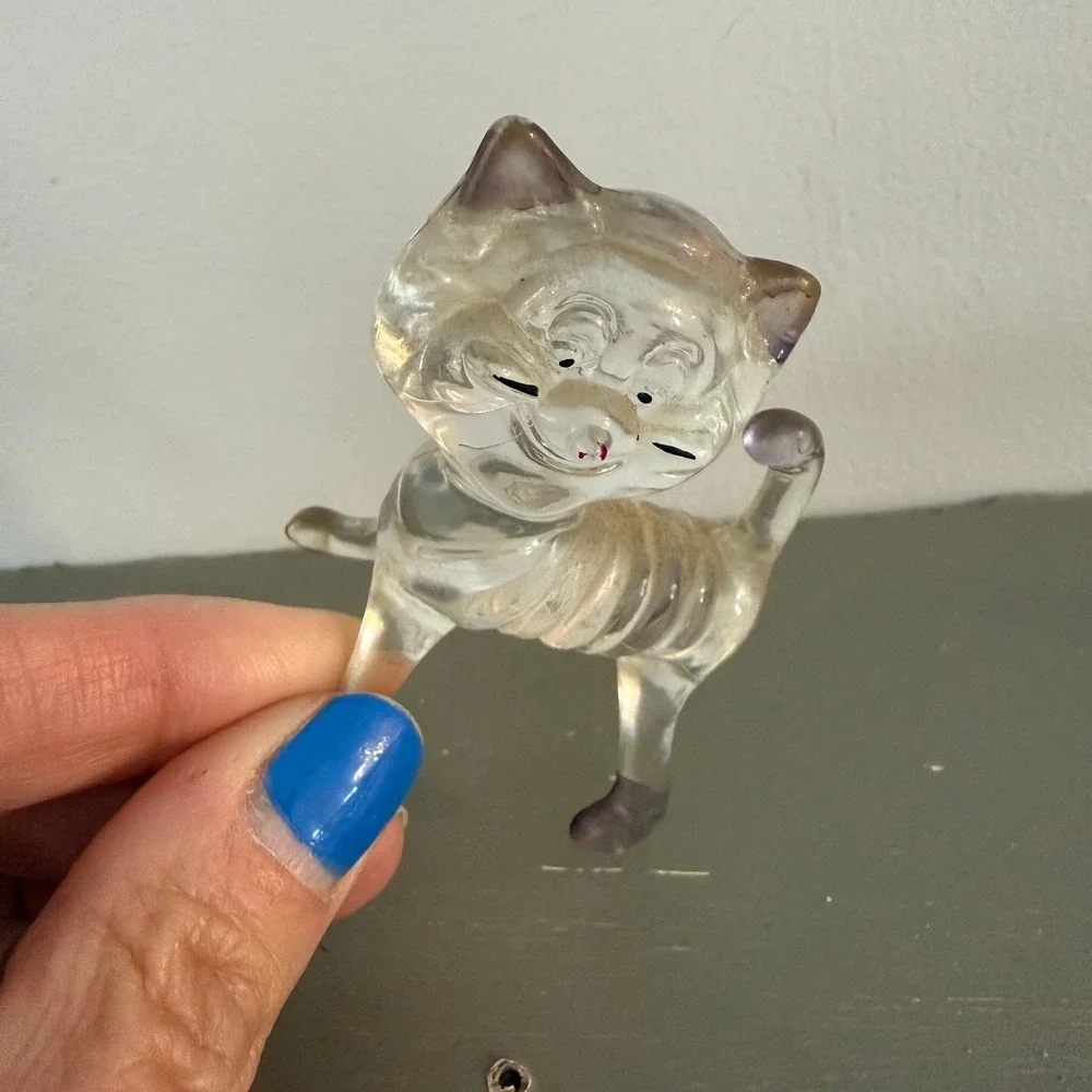 Vintage Lucite Clear Plastic Animal Figurines Cat - Kitchsy Cat Art 1970s